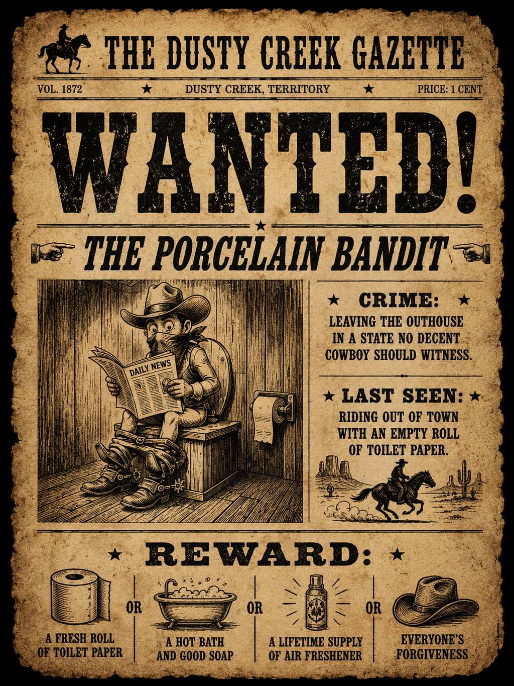 WANTED: THE PORCELAIN BANDIT | FUNNY WESTERN BATHROOM PRINTABLE ARTWORK