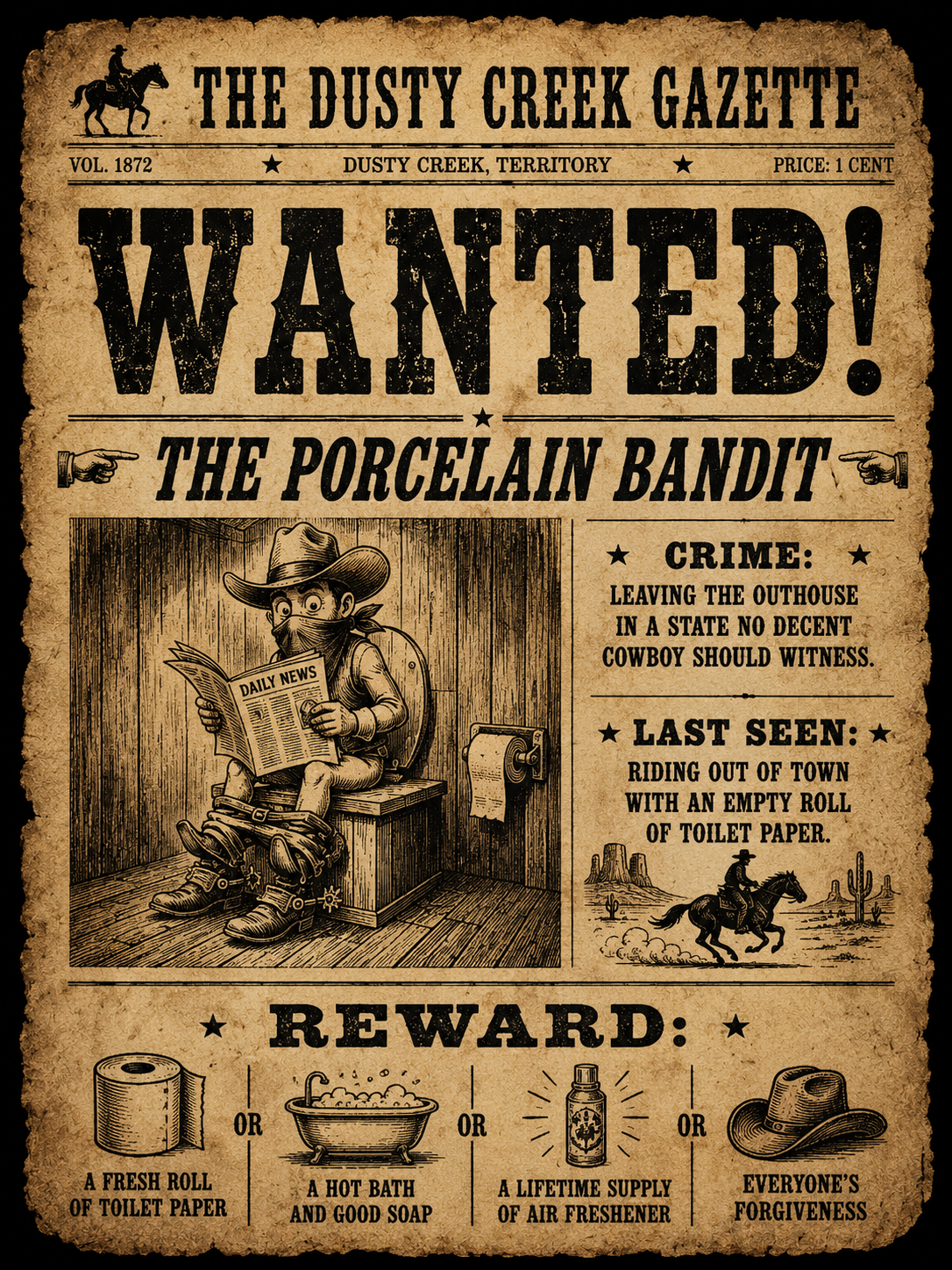WANTED: THE PORCELAIN BANDIT | FUNNY WESTERN BATHROOM PRINTABLE ARTWORK